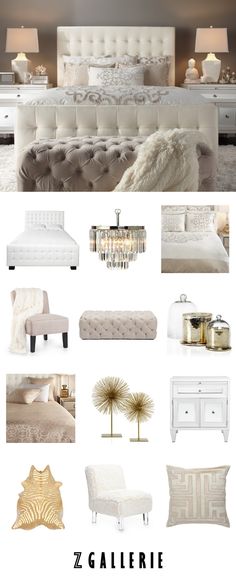 a white bedroom with gold accents on the walls and furniture in different colors, sizes and shapes