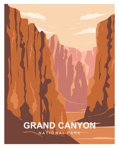 the grand canyon national park is shown in this vintage style poster, which features mountains and valleys