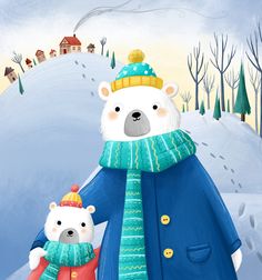 a painting of two polar bears holding hands in the snow with houses and trees behind them