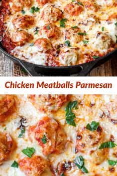 chicken meatballs parmesan casserole is shown in two different pans