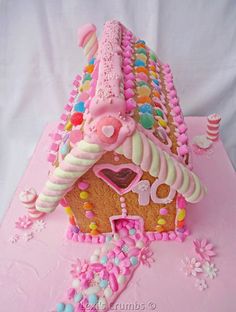 a cake shaped like a house with candy on it