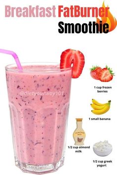 a smoothie with strawberries and yogurt is shown in this advertisement for breakfast fatburner smoothie