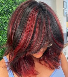 Red In Brown Hair, Red Hair Black Highlights, Chunky Highlights Red, Chunky Red Highlights On Dark Hair, Chunky Highlights Short Hair, Chunky Red Highlights, Purple Chunky Highlights, Red Chunky Highlights, Red Halo Hair