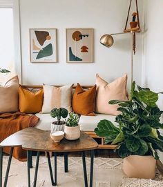 a living room filled with lots of furniture and plants on top of a coffee table