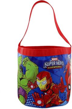 the avengers lunch bag has an iron man and hulken character on it's side