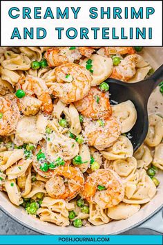 creamy shrimp and tortellini with peas in a skillet