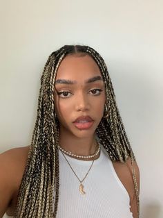 Box Braid Blonde And Black, Blond Black Braids, Honey Brown Box Braids On Light Skin, Blonde Highlight Box Braids, Light Brown And Blonde Box Braids, Blonde Red Braids, Blonde And Black Braids Black Women, Blonde Black Box Braids