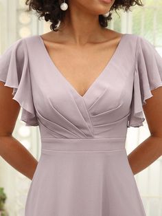 A Line Short Sleeve Wedding Dress, Elegant V-neck Dress With Ruffles And Short Sleeves, Fitted Pleated A-line Chiffon Dress, Elegant Chiffon Ruffle Dress With V-neck, Dresses For Chubby Women, Pleated V-neck Chiffon Dress For Summer, Formal Dresses For Women Wedding, Fashion Formal Dresses, Feminine Chiffon V-neck Dress With Ruffles