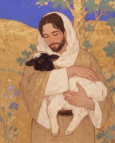 a painting of a man holding a lamb in his arms and wearing a shawl