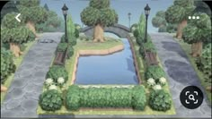 an animated landscape with trees, bushes and a pond