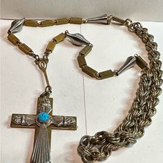 Artisan Made One Of A Kind By Designs By Donna Jacobs. Mixed Metal Created Chain . With A Large Brass Cross Topped With A Sterling And Turquoise Cross. Long Drop Necklaces, Cross Top, Turquoise Cross, Drop Necklace, Mixed Metals, Womens Jewelry Necklace, Jewelry Necklaces, Women Jewelry, Turquoise