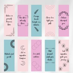 six bookmarks with different sayings on them, each one in pink and blue