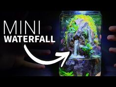 a jar filled with water and plants next to a hand holding an object that says mini waterfall