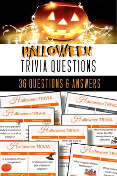 halloween trivia questions and answers with pumpkins on the table in front of them