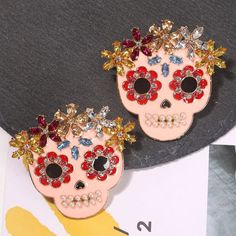 Gorgeous Statement Earrings. Perfect For Dia De Los Muertos (Day Of The Dead), Halloween, Or Any Occasion! (For Our Fellow Lovers Of All Things Spooky). These Are Super Cute And Colorful! Perfect For You Or As A Gift For That Special Someone ;) Measurements: 2" Height 2" Width Top 1" Bottom We Are Based In New York And Offer Same Day Shipping Monday- Saturday <3 Pink Skull Jewelry For Halloween, Pink Halloween Party Earrings, Fun Red Jewelry For Halloween, Red Fun Halloween Jewelry, Fun Red Halloween Jewelry, Creative Earrings, Day Of The Dead Halloween, Sugar Skull Halloween, Large Pearl Earrings