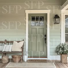 the front door of a house with a bench and potted plants on the porch