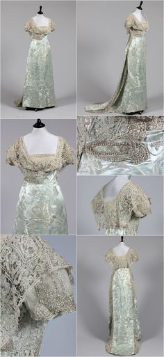 A Reville & Rossiter silver brocaded ice blue satin ball/court gown, c. 1911, Kerry Taylor Auctions. Worn by Mrs. Lewis Harcourt, a "Dollar Princess" who was married to the 1st Viscount Harcourt. There are silk-covered loops at the shoulders that could have been used to attach a velvet and ermine train to the dress. See: http://kerrytaylorauctions.com/archive-list/?id=60&sts=archive&paging=2 1910s Evening Gowns, Blue Victorian Dress, 1918 Fashion, Court Gown, Fashion Brenda, Edwardian Era Fashion, Historical Garments, Three Wishes