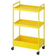 a yellow shelf with three shelves on wheels