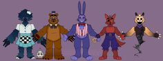 five cartoon animals are standing in a row with their hands on each other's hips