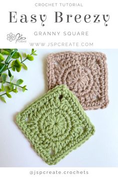 two crochet squares with the words easy breezey and granny square on top