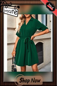 Dark Green Lapel 1/2 Sleeve Shirt Dress with Belt Shirt Dress With Belt, Belt Women, Dress Shirt Sleeves, Dress With Belt, Mini Dresses, Women Dresses, Shirt Sleeves, Dark Green, Dresses Mini