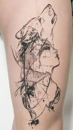 a woman's thigh with an abstract tattoo design on the side and her face