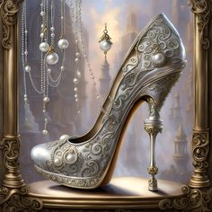 a high heeled shoe sitting on top of a table next to pearls and necklaces