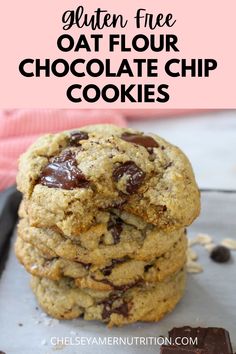 gluten free oat flour chocolate chip cookies stacked on top of each other