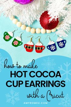 hot cocoa cup earrings with a crict christmas ornament hanging from the tree