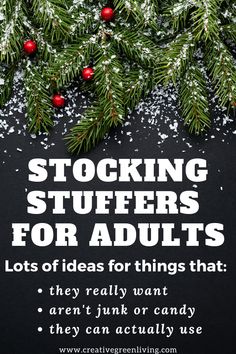 a christmas tree with the words stocking stuff for adults lots of ideas for things that aren't junk or candy