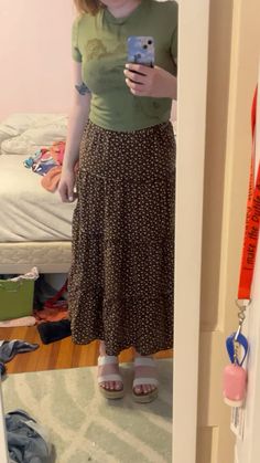 outfit fit check aeropostale long maxi skirt brown green baby tee steve madden white platform sandal Brown Long Skirt Outfit, Brown Long Skirt, Long Skirt Outfit, Long Brown Skirt, White Platform Sandals, Long Maxi Skirt, Long Skirt Outfits, White Platform, Long Maxi Skirts