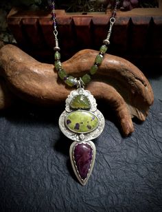 RESERVED *** Atlantisite, Sugilite, and carved Vesuvianite fine silver necklace by Julie Crawford of Crawford Creek Designs on Etsy Payment Due, Jewelry Hacks, Bezel Jewelry, Green Stone Necklace, Jewelry Design Inspiration, Cabochon Jewelry, Fabulous Jewelry, I Phone