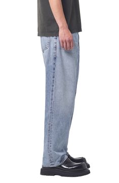 Well-faded cotton denim furthers the old-favorite look and feel of jeans cut in a slouchy fit that gives you plenty of room to stay relaxed. 32" inseam; 17 1/2" leg opening; 13" front rise; 17" back rise (size 29) Zip fly with button closure Five-pocket style 100% regenerative cotton Machine wash, tumble dry Made in Turkey Faded Rigid Denim Bottoms With Standard Cut Leg, Relaxed Fit Jeans With Recycled Denim, Light Wash Straight Leg Jeans For Elevated Casual, Tapered Medium Wash Cotton Jeans, Faded Relaxed Fit Bottoms With Five Pockets, Faded Relaxed Fit Jeans With Straight Hem, Faded Recycled Denim Tapered Leg Bottoms, Faded Rigid Denim Bottoms With Tapered Leg, Faded Tapered Leg Jeans With Five Pockets