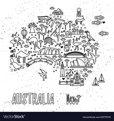 australia map with icons and symbols in the form of an outline on a white background