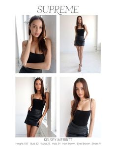 four different pictures of a woman in black dress and heels, with the caption supreme