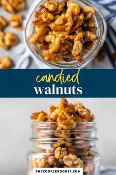 candied walnuts in a glass jar with text overlay