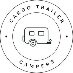 the logo for cargo campers, which is designed in black and white with an image of a trailer