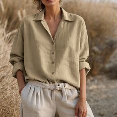 Our Sustainable Loose Linen Shirt is a versatile wardrobe staple designed for comfort, style, and sustainability. Crafted from a blend of linen and cotton, this button-up shirt offers a luxurious feel while ensuring breathability and durability. Whether you're lounging on the beach, exploring new destinations on vacation, or simply relaxing at home, this oversized linen top is the perfect choice.  It is a super soft blouse, loose, lightweight, breathable, and skin-friendly, making it perfect for Casual Beige Tops With Roll-up Sleeves, Bohemian Style Relaxed Fit Tops, Bohemian Relaxed Fit Top, Bohemian Long Sleeve Solid Tops, Solid Long Sleeve Bohemian Top, Casual Long Sleeve Khaki Blouse, Solid Bohemian Long Sleeve Top, Casual Collar Blouse For Work, Long Sleeve Khaki Blouse For Summer