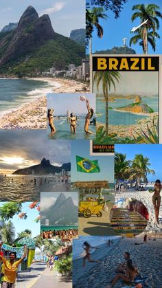 a collage of pictures with people on the beach and mountains in the background, including brazil