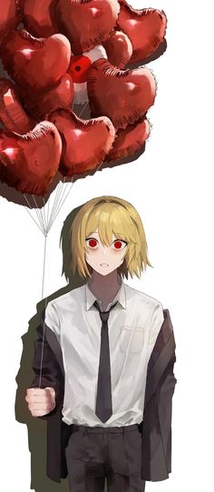 a man with blonde hair and red heart shaped balloons above his head, standing in front of a white background