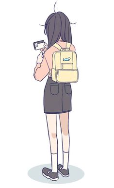 a girl with a backpack looking at her cell phone