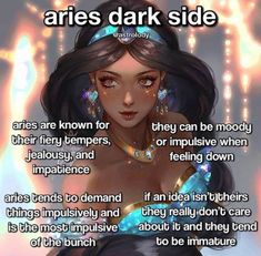 an image of a woman with dark hair and blue eyes, text reads aris dark side are known for they can be mody or impuls