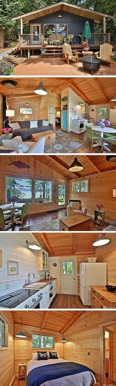 the inside of a cabin with wooden walls and flooring is shown in four different pictures