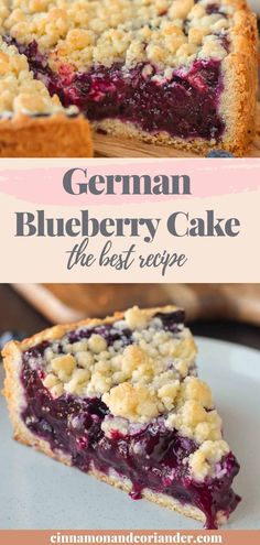 a blueberry cake with crumbs on top and the words, german blueberry cake