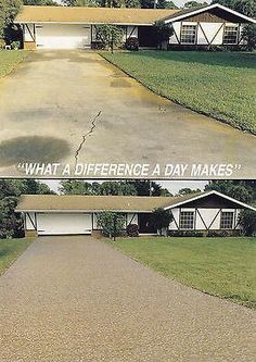 before and after photos of a house in the middle of an empty driveway with grass on both sides