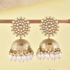 Gold Rodium Polish Gold, White and Off White color Earrings in Brass studded with CZ Diamond, Pearl Luxury White Chandbalis For Festive Occasions, Eid Special, Color Earrings, White Earrings, Cz Diamond, Off White Color, Metal Earrings, Brass Metal, White Color