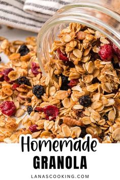 homemade granola in a glass jar with the title text overlay reads homemade granola