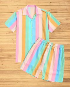 Pastel Boy Outfit, Button Up And Shorts, Eras Outfit, Pastel Shorts, Lounge Outfits, Striped Two Piece, Adult Pajamas, Short Loungewear