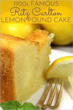 a slice of lemon pound cake on a plate with a fork and lemons in the background