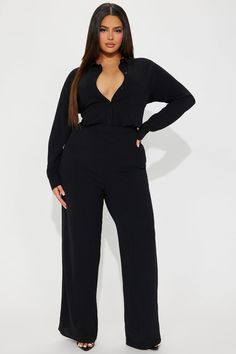 Available In Black, Mocha, And Chartreuse. Jumpsuit Collar Long Sleeve Button Up Wide Leg Non Stretch Inseam= 34" 100% Polyester Imported | Makenzie Jumpsuit in Black size 1X by Fashion Nova Black Xs, Black Jumpsuit, Mocha, Fashion Nova, Black Fashion, Wide Leg, Button Up, Jumpsuit, Collar